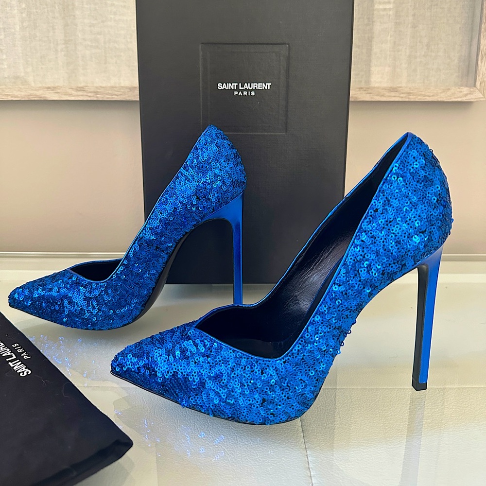 YSL Brand New Blue Sequin Paris Heels